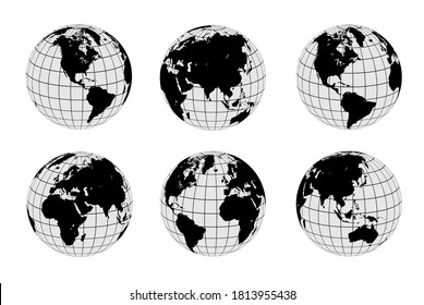 Earth globes set, different views with  parallels and meridians, isolated vector world spheres design. 