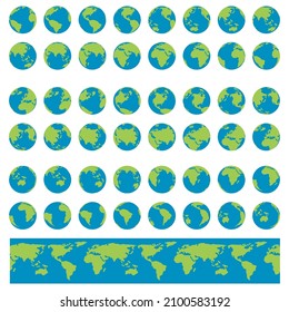 Earth Globes set. Planet Earth turnaround, rotation at different angles for animation. Flat vector Illustration. 