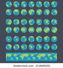 Earth Globes Set. Die Erde dreht sich um, dreht sich um verschiedene Blickwinkel für die Animation. Illustration einer Weltkarte für Textur. Flache Vektorgrafik. 