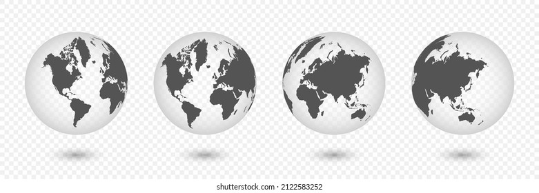 Earth globes. Set of realistic globe shaped world map.3d globe icon