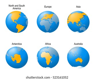 Earth globes set. showing all continents. illustration of planet viewed from 6 different angles.