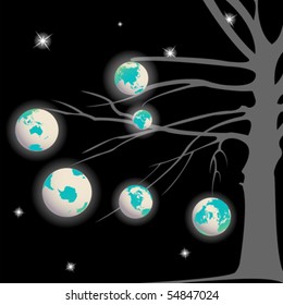 earth globes tree, abstract vector art illustration