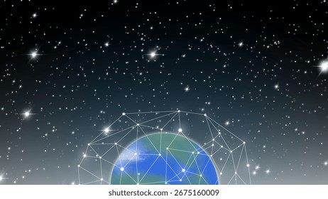 Earth with glowing digital network under starry sky, symbol of global connection, internet, data exchange, and futuristic communication technology.