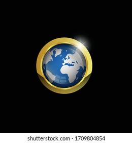 earth gold button with shine.Conceptual vector illustration in flat style design.Isolated on background.
