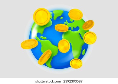 La Tierra con monedas de oro. Concepto del sistema financiero mundial. 3.ª ilustración vectorial