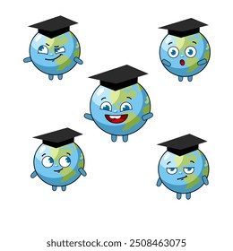 Earth with graduate cap, cartoon style, vector illustration. 