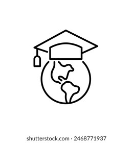 Earth with graduate cap on it. Mortarboard in tassel. Global online learning and universal diploma. Pixel perfect, editable stroke vector icon