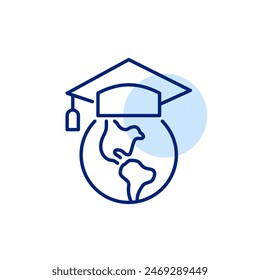 Earth with graduate cap on it. Mortarboard in tassel. Global online learning and universal diploma. Pixel perfect, editable stroke vector icon