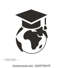 earth in graduate hat, international education icon, world globe university, academy online learn, global distance education, flat vector illustration