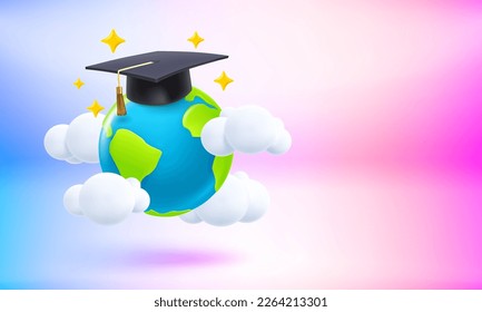 The Earth and graduation cap. World science concept. 3d vector banner with copy space