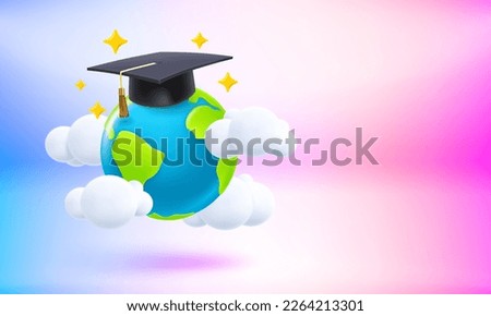 The Earth and graduation cap. World science concept. 3d vector banner with copy space