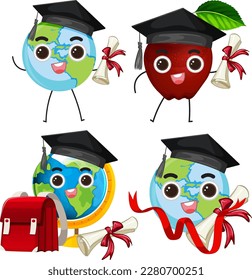 Earth Graduation Cartoon Icons Set illustration