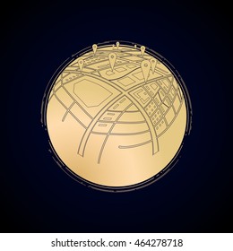 Earth with graphic mapping. Conceptual vector illustration of GPS navigation in golden colors