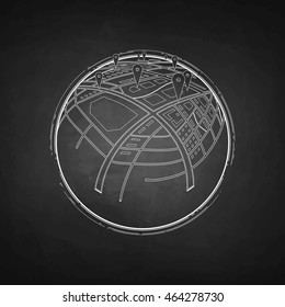 Earth with graphic mapping isolated on the chalkboard. Conceptual vector illustration of GPS navigation