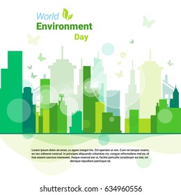 Earth Green City World Environment Day Ecology Protection Holiday Greeting Card Flat Vector Illustration