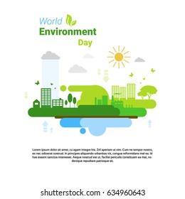Earth Green City World Environment Day Ecology Protection Holiday Greeting Card Flat Vector Illustration