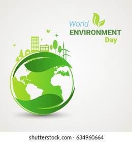 Earth Green City World Environment Day Ecology Protection Holiday Greeting Card Flat Vector Illustration