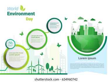 Earth Green City World Environment Day Ecology Protection Holiday Greeting Card Flat Vector Illustration