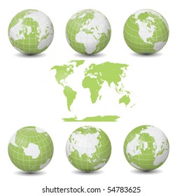 Earth Green Globes collection with World map vector illustration clip art isolated on white