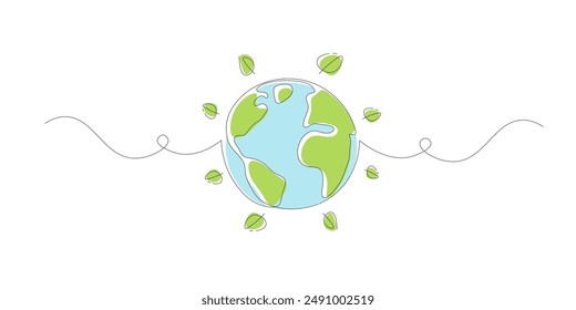 Earth with Green Leaf.  Continuous line art drawing. Ecology and Environment concept.  Line art vector illustration.