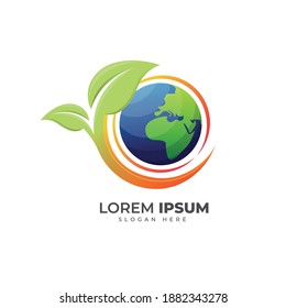earth and green leaf vector logo template, green earth design concept
