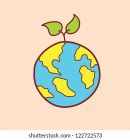 earth with green leaves doodle, hand drawing