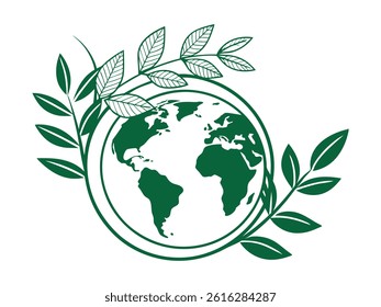 Earth with green leaves encircling the globe symbolizes harmony, ecological balance, and sustainable living in this minimalistic environmental awareness concept art for conservation themes.