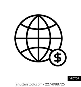 Earth grid with american dollar sign, globe with USD symbol vector icon in line style design for website, app, UI, isolated on white background. Editable stroke. EPS 10 vector illustration.