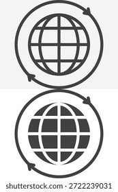 Earth grid with arrows icon set in different style. Line, outline and solid icon with editable stroke. Vector sign and symbol for global shipping icon.