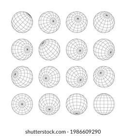 Earth grid globe in shape of 3d sphere graphic set. Line round striped planet form for wireless network, worldwide internet connection, virtual cyberspace design vector illustration isolated on white