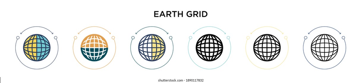 Earth grid icon in filled, thin line, outline and stroke style. Vector illustration of two colored and black earth grid vector icons designs can be used for mobile, ui, web