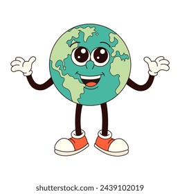 Earth groovy character in trendy retro cartoon style. Earth Day. Vector illustration for card, poster, banner, web