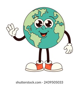 Earth groovy character in trendy retro style. Earth Day. Vector illustration for card, poster, banner, web