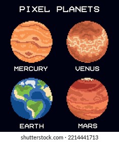 earth group planets pixel art 8 bit illustration icon on dark blue background with names mercury venus mars