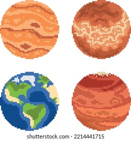 earth group planets pixel art 8 bit illustration icon on dark blue background 