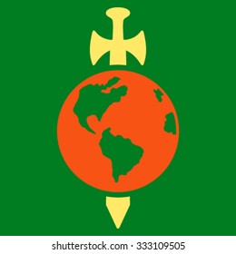 Earth Guard vector icon. Style is bicolor flat symbol, orange and yellow colors, rounded angles, green background.