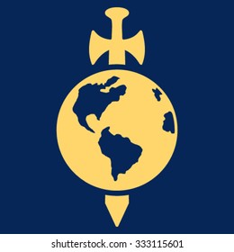 Earth Guard vector icon. Style is flat symbol, yellow color, rounded angles, blue background.