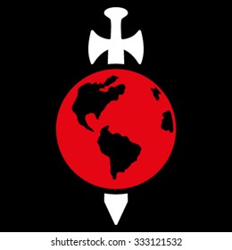 Earth Guard vector icon. Style is bicolor flat symbol, red and white colors, rounded angles, black background.