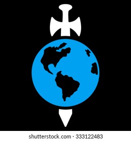 Earth Guard vector icon. Style is bicolor flat symbol, blue and white colors, rounded angles, black background.