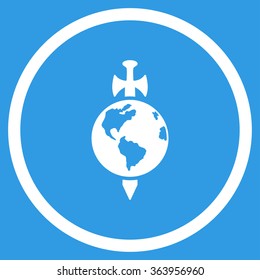 Earth Guard vector icon. Style is flat circled symbol, white color, rounded angles, blue background.