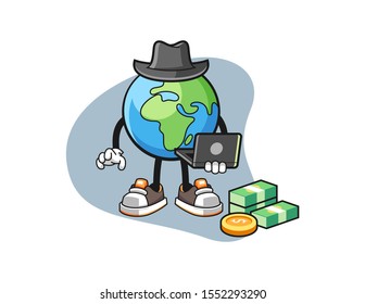 Earth hacker cartoon. Mascot Character vector.