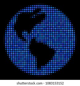 Earth halftone vector icon. Illustration style is dot iconic earth symbol on a black background. Halftone texture is created of circle spots.