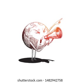 Earth hand holding megaphone. Concept for social networks, promotion and advertising. hand draw sketch design vector illustration.