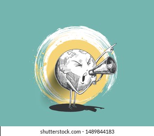 Earth hand holding megaphone. Concept for social networks, promotion and advertising. hand draw sketch design vector illustration.