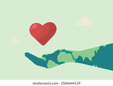 Earth Hand Holding Red Heart Symbolizing Environmental Love and Care. Environmental social governance illustration. Eco-friendly practices. Earth day illustration. Environmental conservation