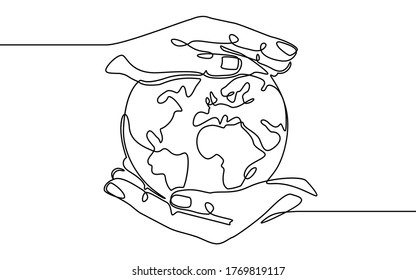 Earth In Hand. Human Hands Holding Earth World Planet. Global Digital Technology, Continuous One Line Sketch Vector Concept. World Planet Save, Protection Environmental, Sketch Linear Illustration