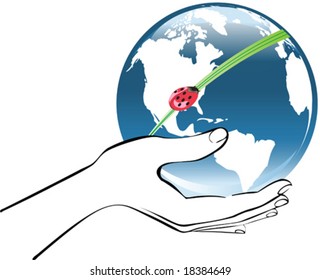 Earth in a hand with ladybird, ecology vector illustration