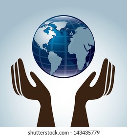 Earth with hand over blue background vector illustration