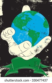 Earth in Hand
Earth in the palm of a hand with a text banner over a textured background. 