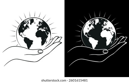 Earth in hand, Earth, hand, Vector design. Minimalist Earth in hand for environmental awareness.